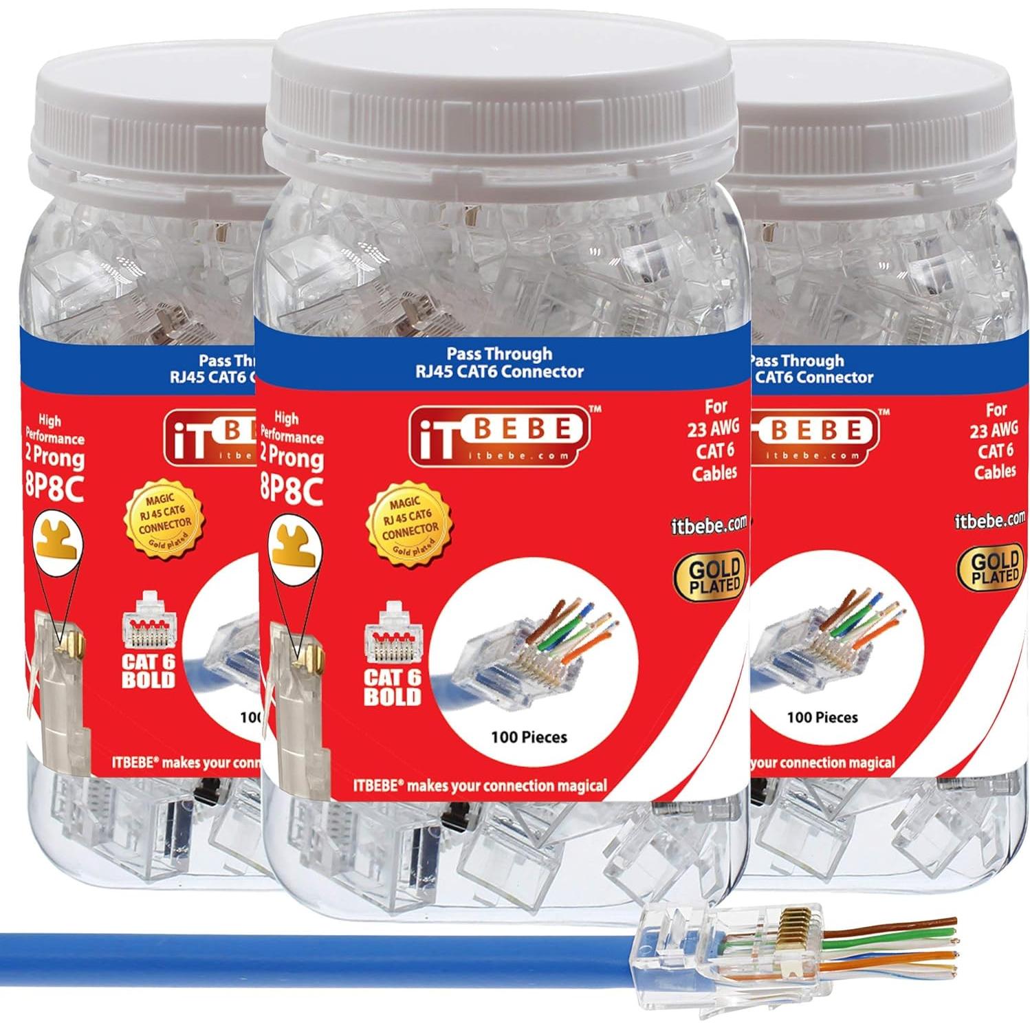 Conectores RJ45 Cat6 ITBEBE 300 Piezas Passthrough 23 AWG