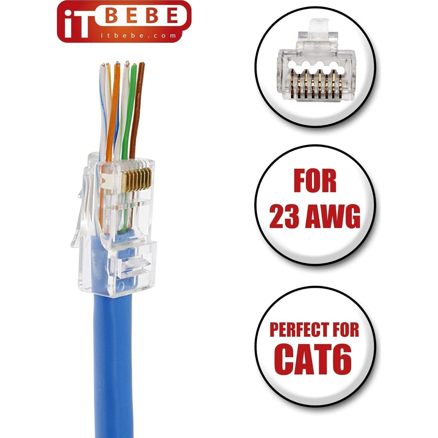 Conectores RJ45 Cat6 ITBEBE 300 Piezas Passthrough 23 AWG