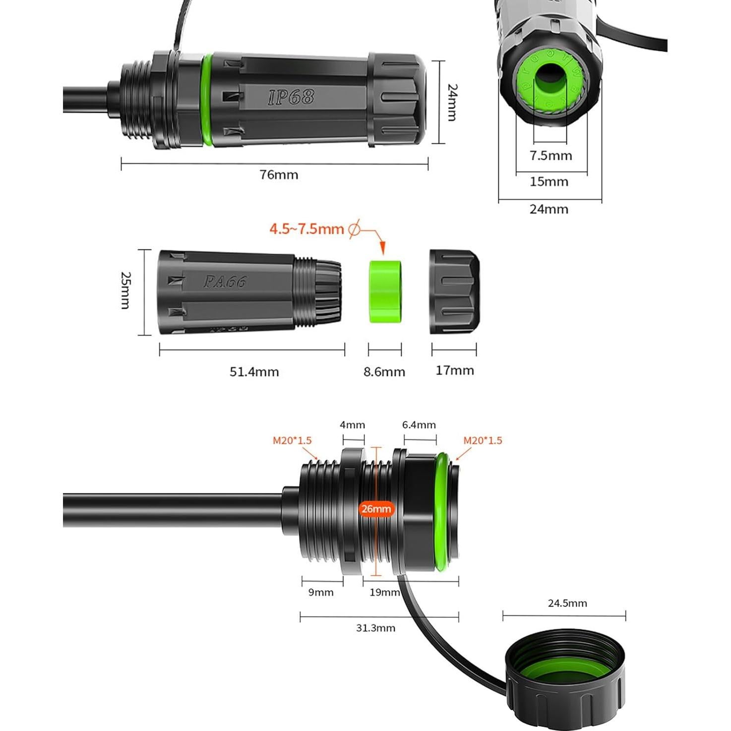 Conector RJ45 Danfetsoy IP68 a Prueba de Agua 25cm Cat6