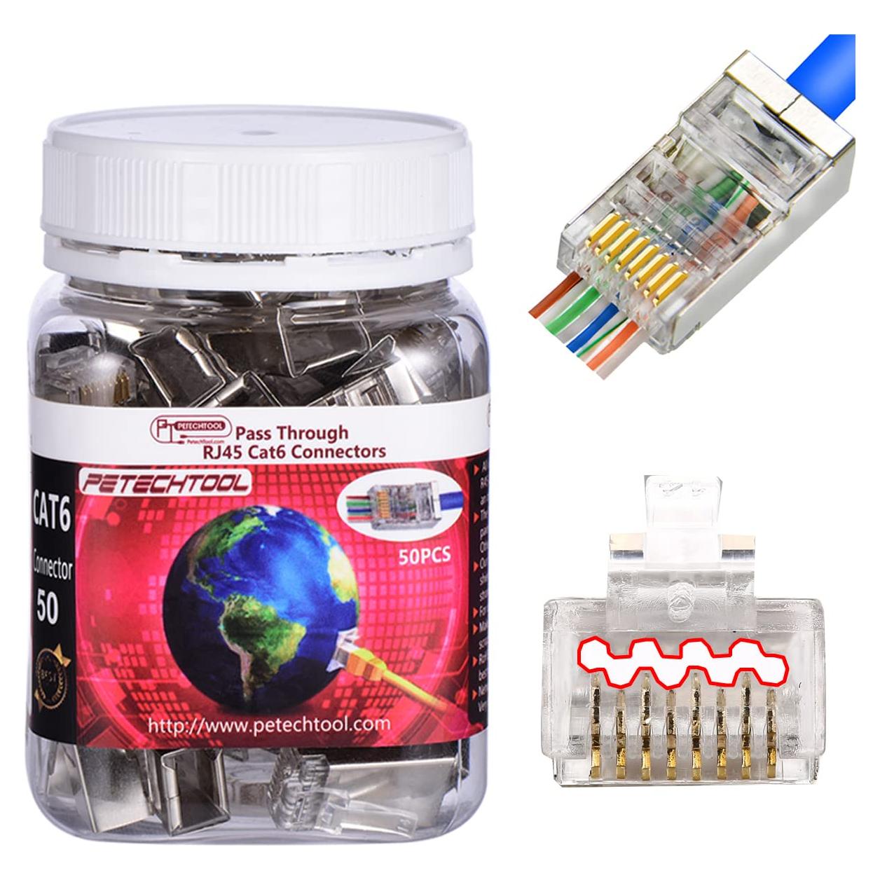 Conectores RJ45 Cat6a 23AWG Baño de Oro PETECHTOOL - 50 Piezas