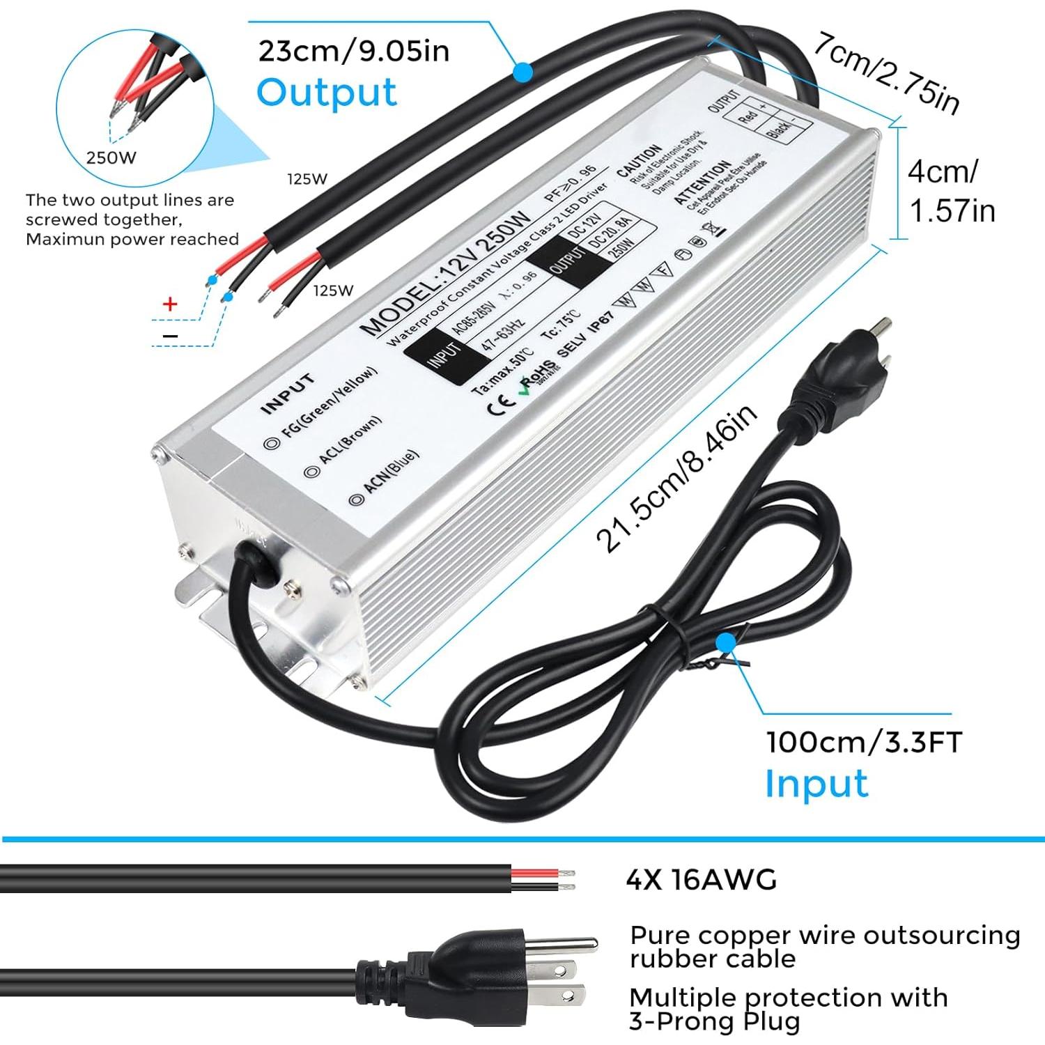 Transformador LED LightingWill 250W IP67 12V DC para Exterior