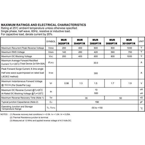 Diodo Rectificador Rápido MUR3060PT 30A 600V ASEMI - Paquete de 5