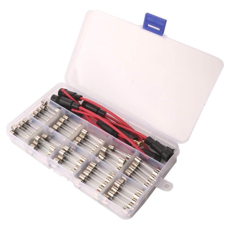 Kit 5 Soportes de Fusible AGC 6x30mm + 100 Fusibles Vidrio 0.5A-15A