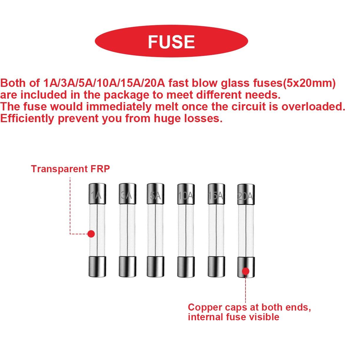 Kit 15 Soportes de Fusible 5x20mm + 60 Fusibles Vidrio 250V