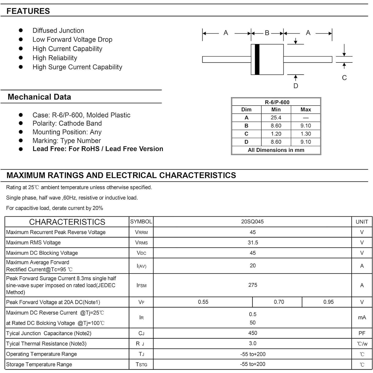 Diodo Rectificador Schottky ALLECIN 20SQ045 20A 45V 25 Pcs