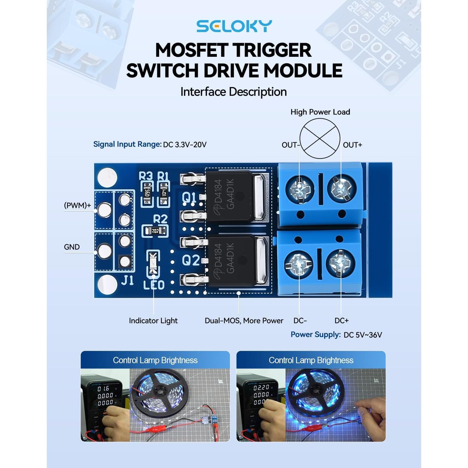 Módulo Control MOSFET PWM 15A 400W Seloky DC 5V-36V 3PCS