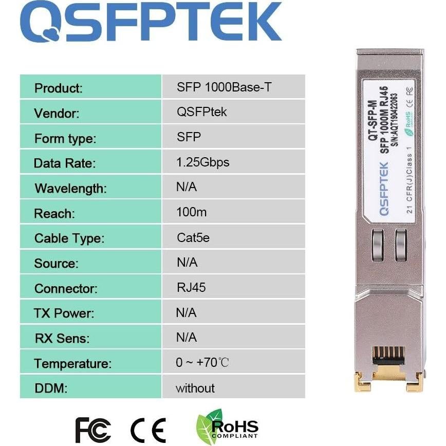 Transceptor SFP a RJ45 1000BASE-T QSFPTEK 2 Pack 100m