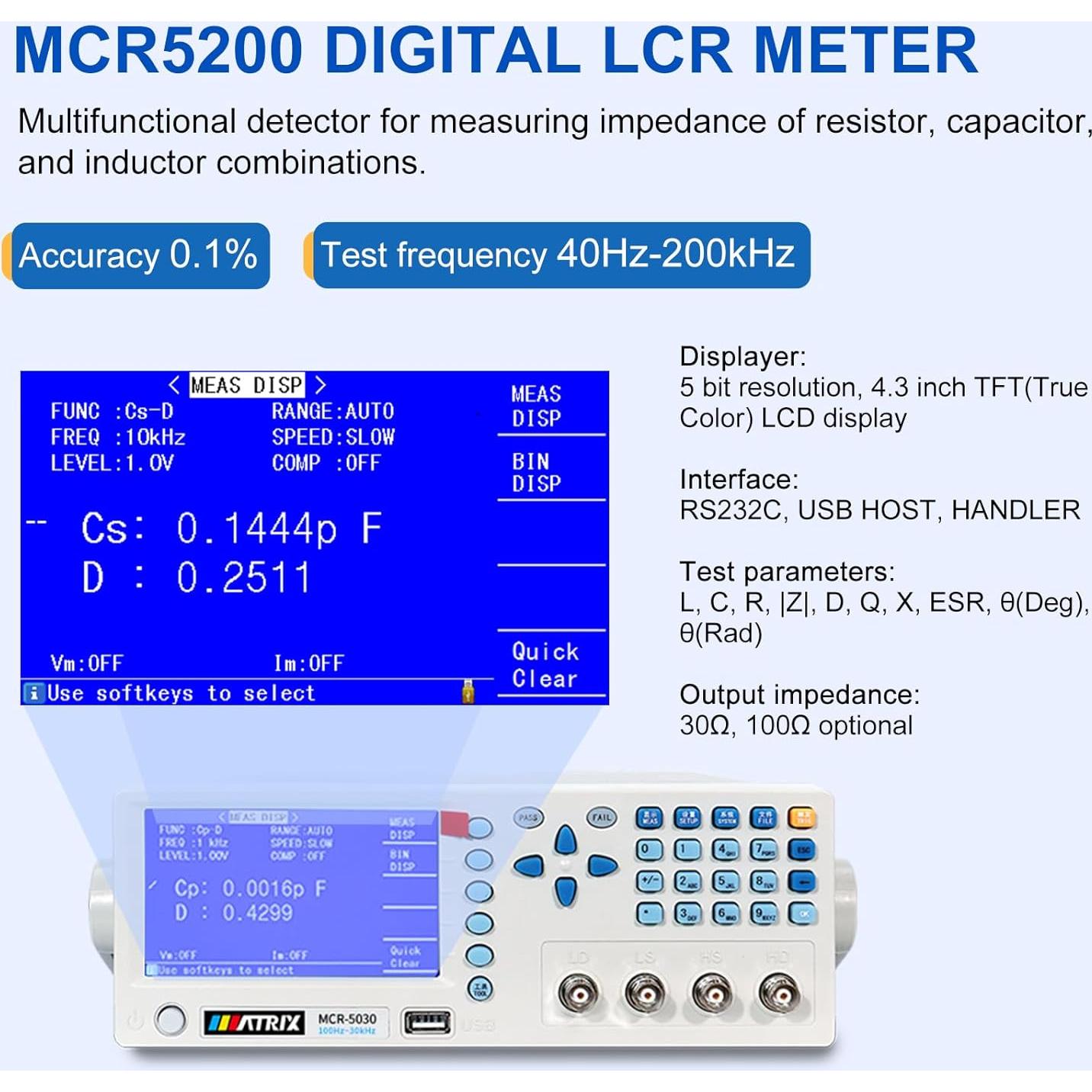 Medidor LCR Digital MATRIX MCR5200 40Hz-200kHz 0.1% USB