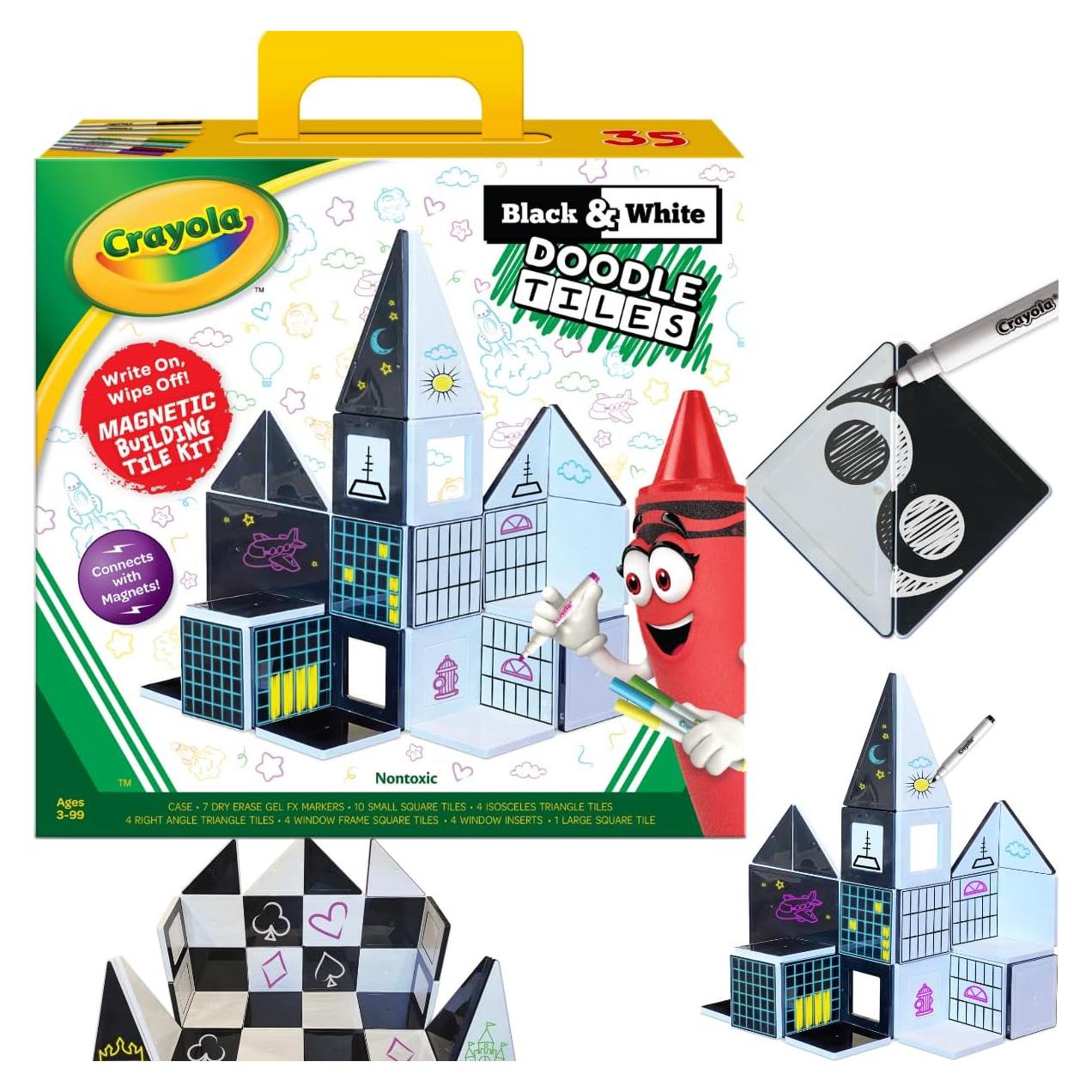 Crayola Black & White Doodle Magnetic Tiles, Magnetic Building Toys for Kids, STEM Toys for Boys and Girls Ages 3+ (35-Piece Set)