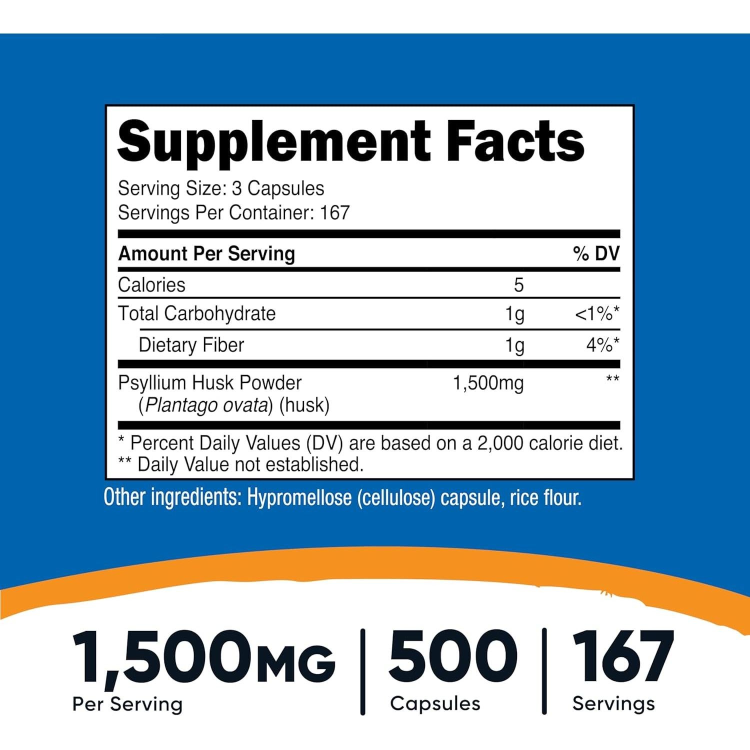 Nutricost Psyllium Husk 1500mg 500 Cápsulas Sin OGM Gluten