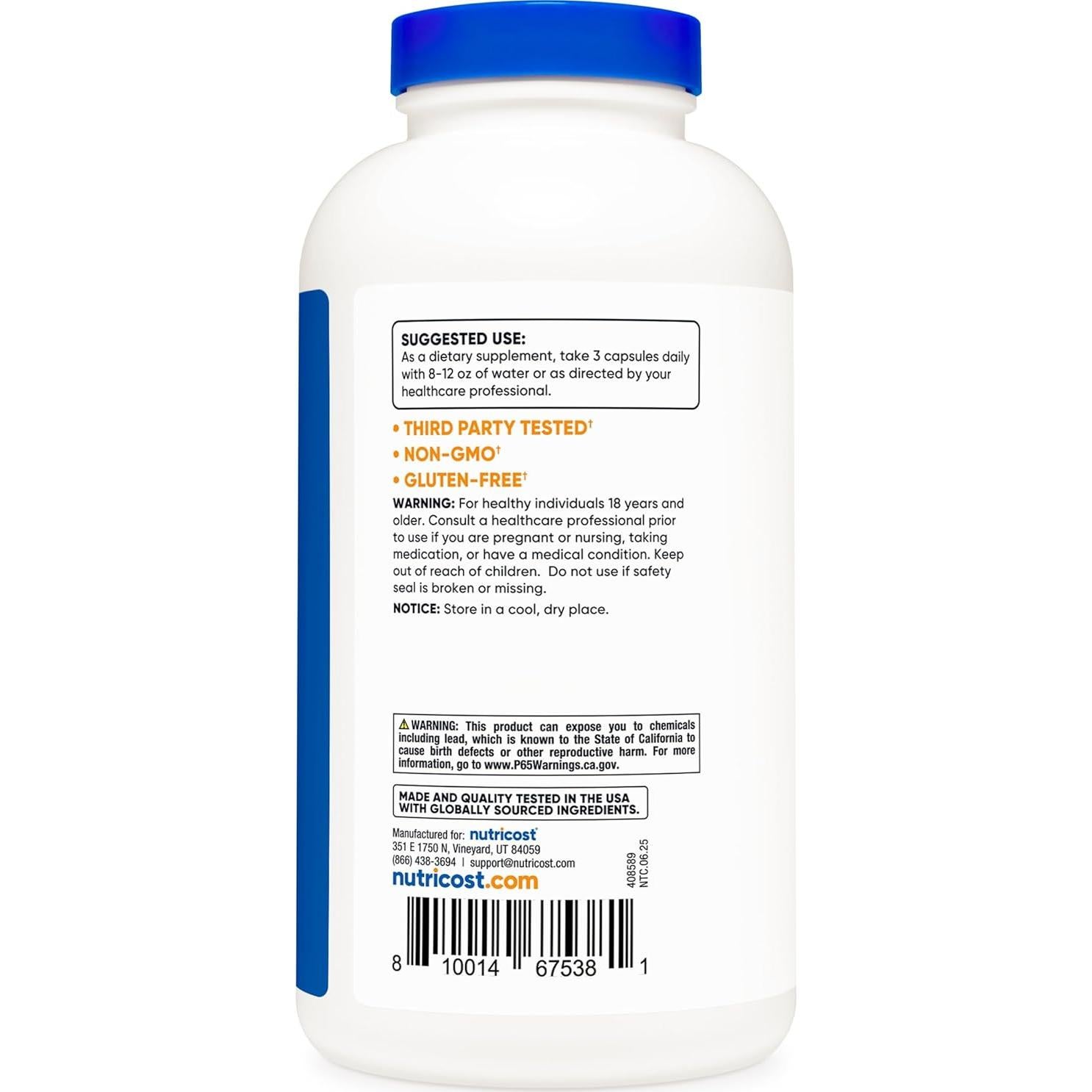 Nutricost Psyllium Husk 1500mg 500 Cápsulas Sin OGM Gluten