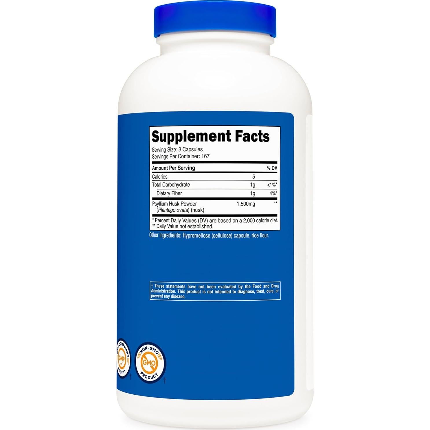 Nutricost Psyllium Husk 1500mg 500 Cápsulas Sin OGM Gluten