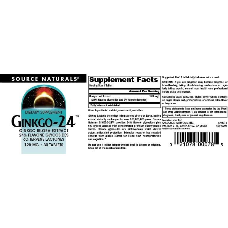 Source Naturals Ginkgo-24 Extracto de Ginkgo Biloba 120 mg 60 Tabletas