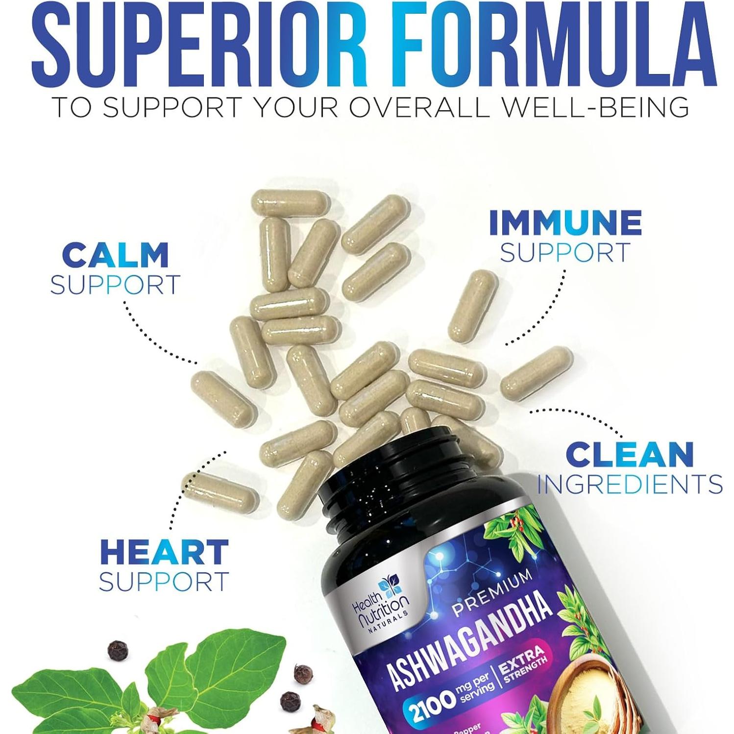 Suplemento de Ashwagandha 2100mg Health Nutrition Naturals - 60 Cápsulas Vegetarianas