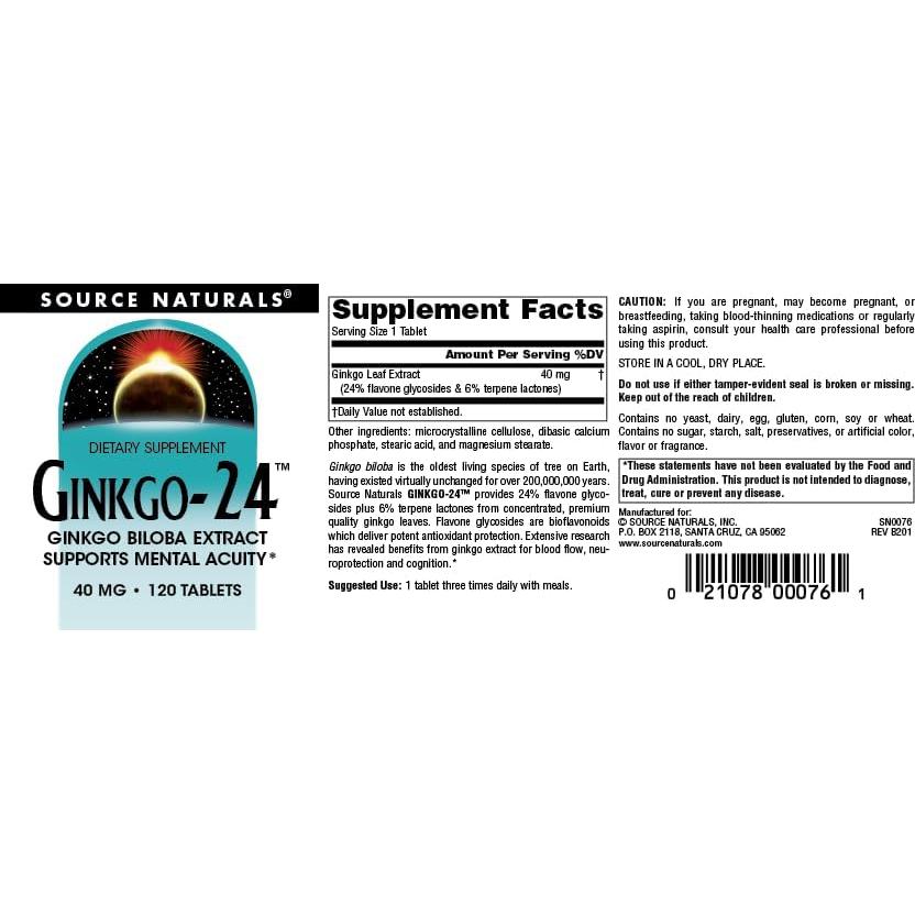 Source Naturals Ginkgo-24 Extracto de Ginkgo Biloba 40 mg - 120 Tabletas