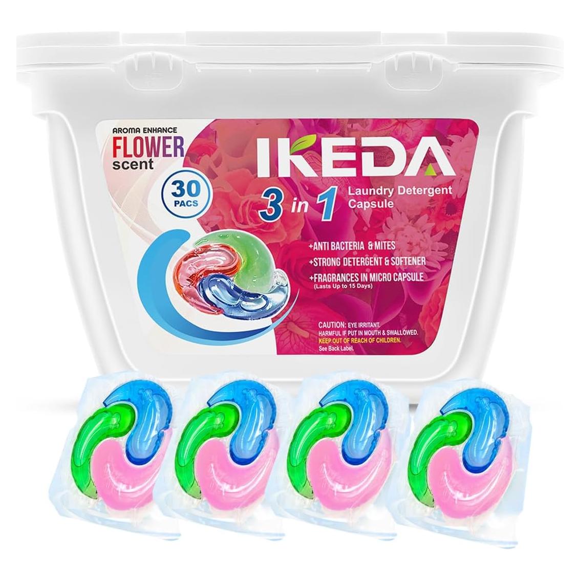 Cápsulas de Lavado 3 en 1 Ikeda - 30 Pcs, Fragancia Floral