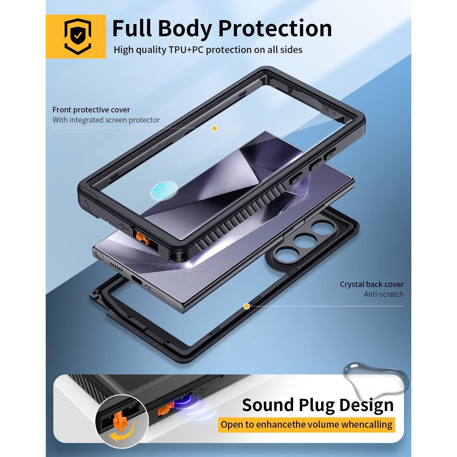 Lanhiem Case for Samsung Galaxy S24 Ultra 5G Black | IP68 Waterproof, Dustproof, Built-in Screen Protector, Rugged, Full Body, Shockproof, Protective Cover, 6.8 Inch