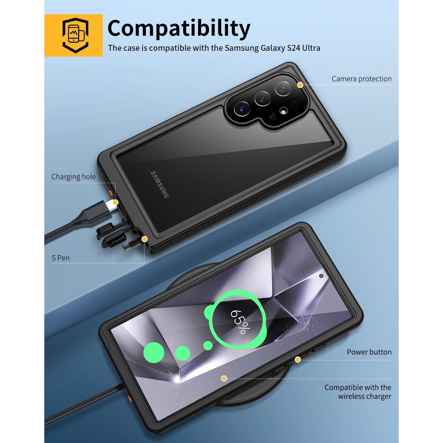 Lanhiem Case for Samsung Galaxy S24 Ultra 5G Black | IP68 Waterproof, Dustproof, Built-in Screen Protector, Rugged, Full Body, Shockproof, Protective Cover, 6.8 Inch