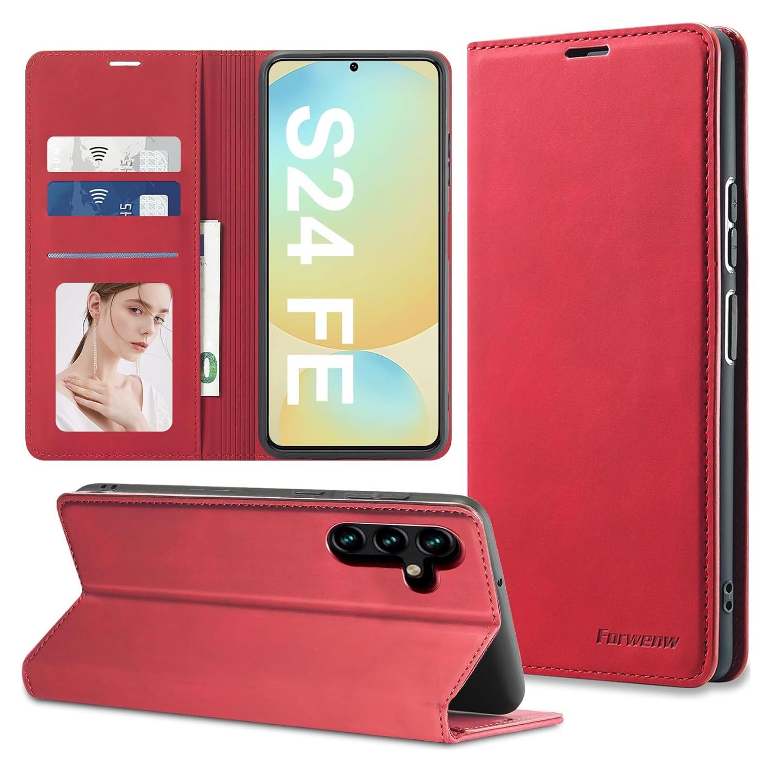 Funda de cuero Qissy para Samsung Galaxy S24FE, roja, a prueba de golpes