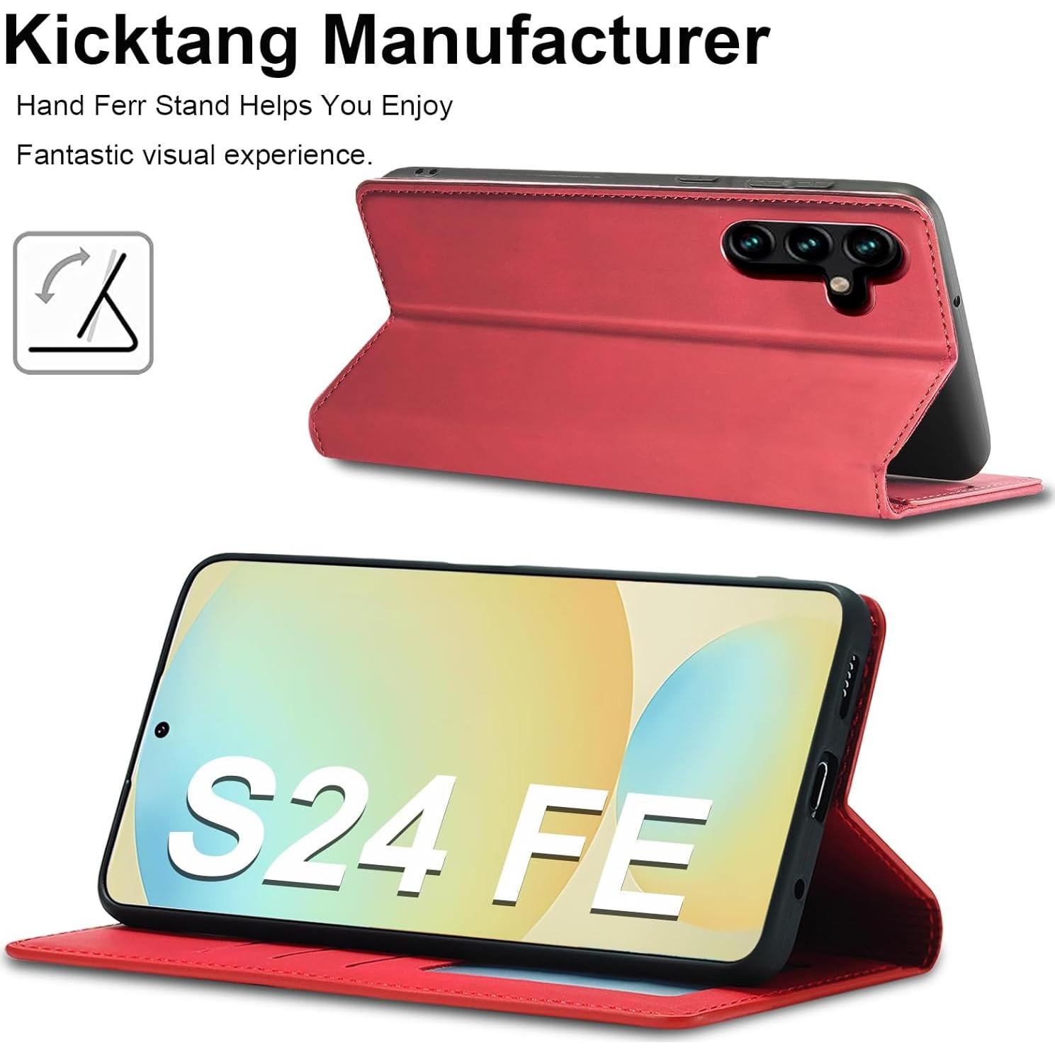 Funda de cuero Qissy para Samsung Galaxy S24FE, roja, a prueba de golpes