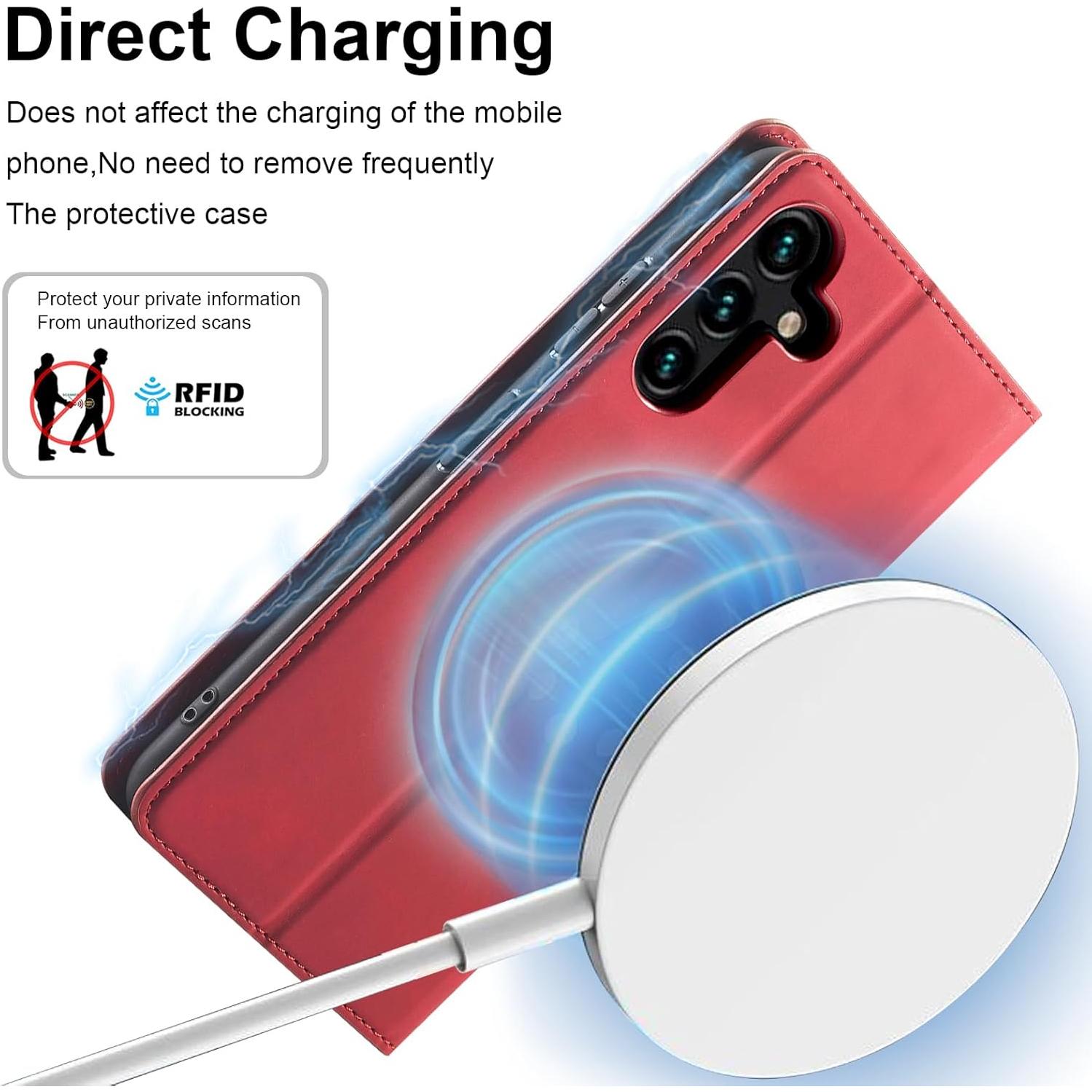 Funda de cuero Qissy para Samsung Galaxy S24FE, roja, a prueba de golpes