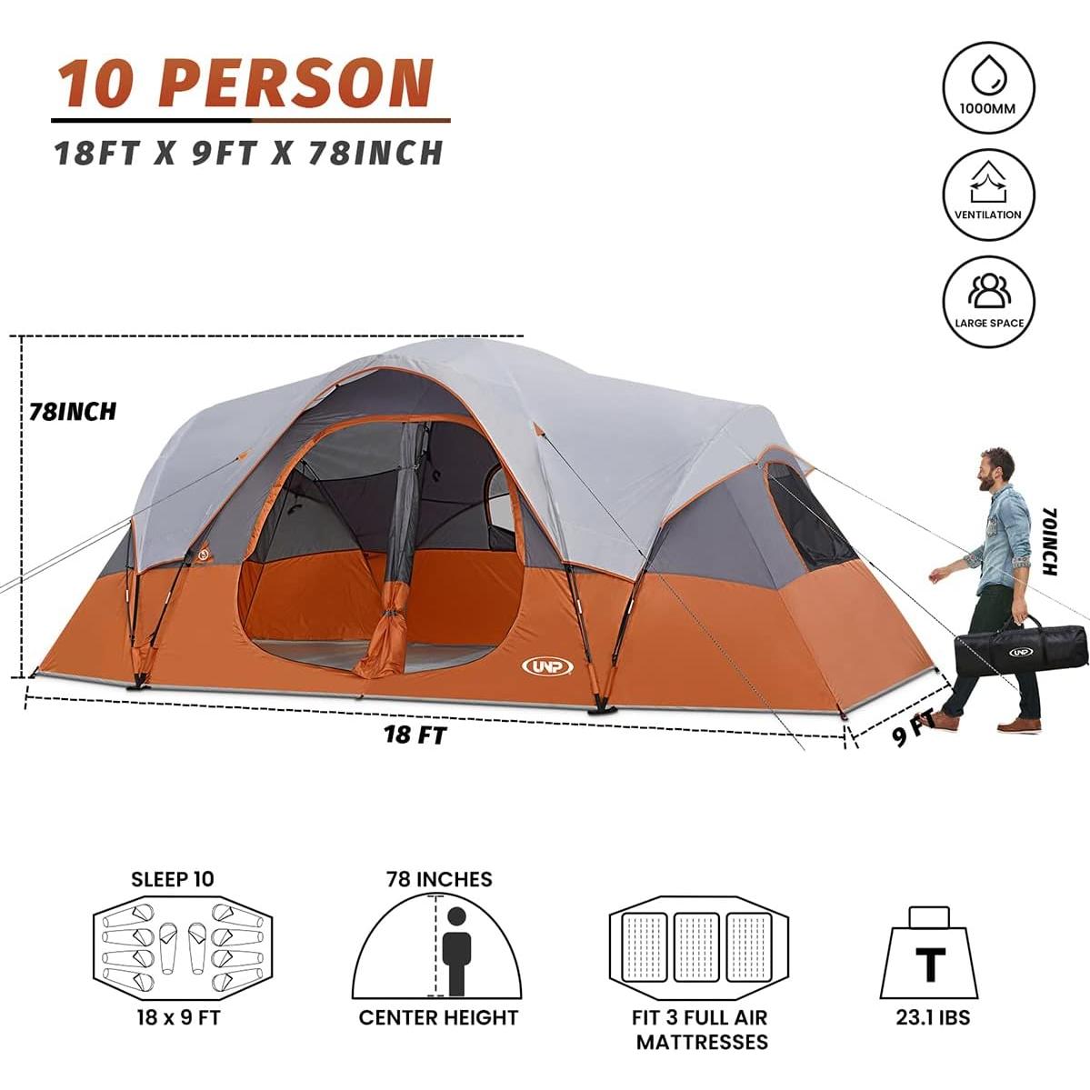 Tienda de Camping UNP para 10 Personas, Impermeable, 2 Habitaciones