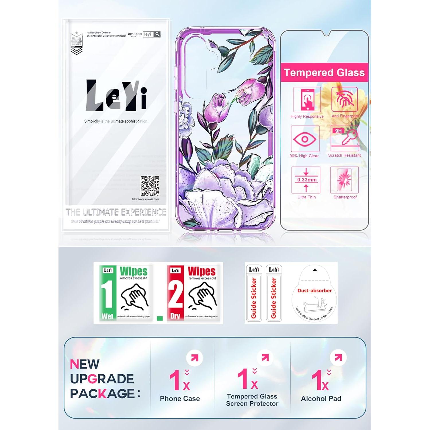 Funda LeYi para Samsung Galaxy A35 5G con Protector 9H Púrpura