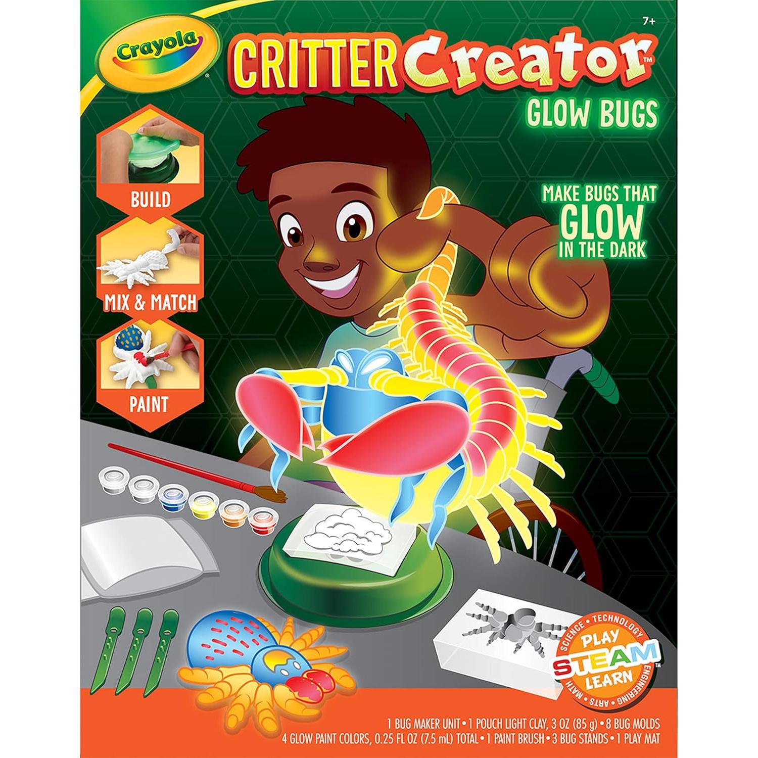 Glow in The Dark Critter Creator, Clay Bug Toy Kit for Kids, Fake Bug Molds, Includes Crayola Clay & Paint, Gift for Kids, Ages 7+