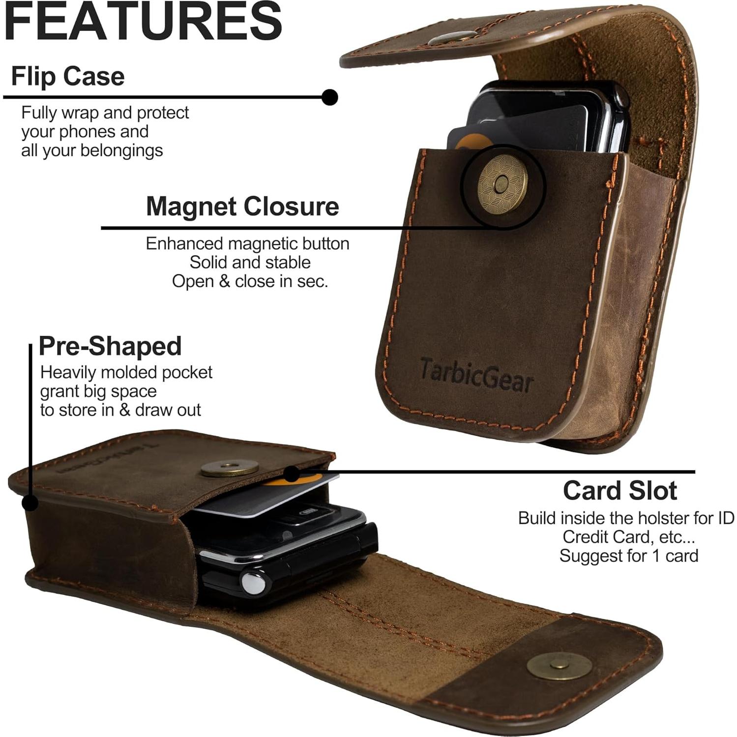 Funda de cuero plegable TarbicGear para teléfonos - Marrón