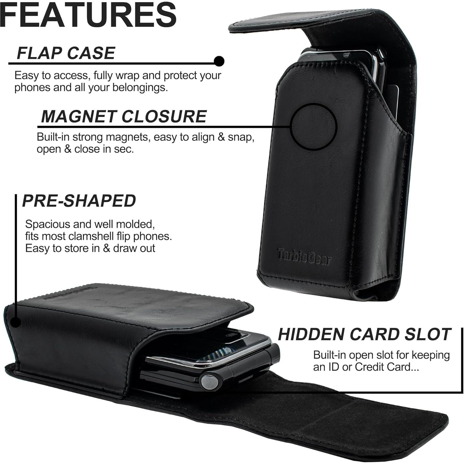 Funda de cuero sintético TarbicGear para teléfono plegable negro