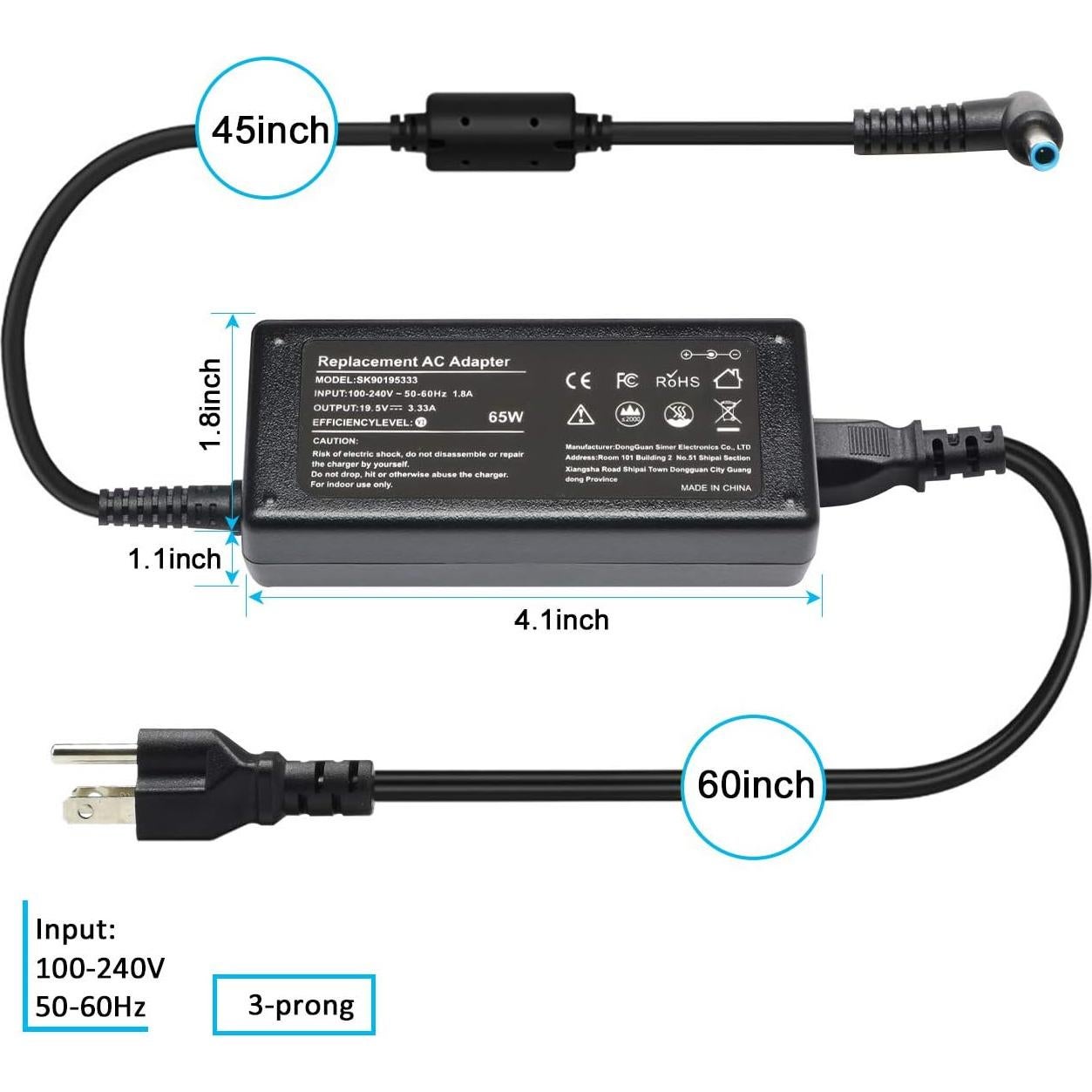 Cargador de Laptop 65W HP EliteBook ProBook 19.5V 3.33A