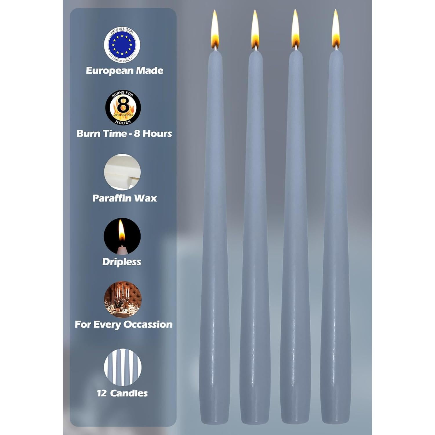 Velas Taper Sin Aroma Hyoola 25.4 cm Gris Azul Paquete 12