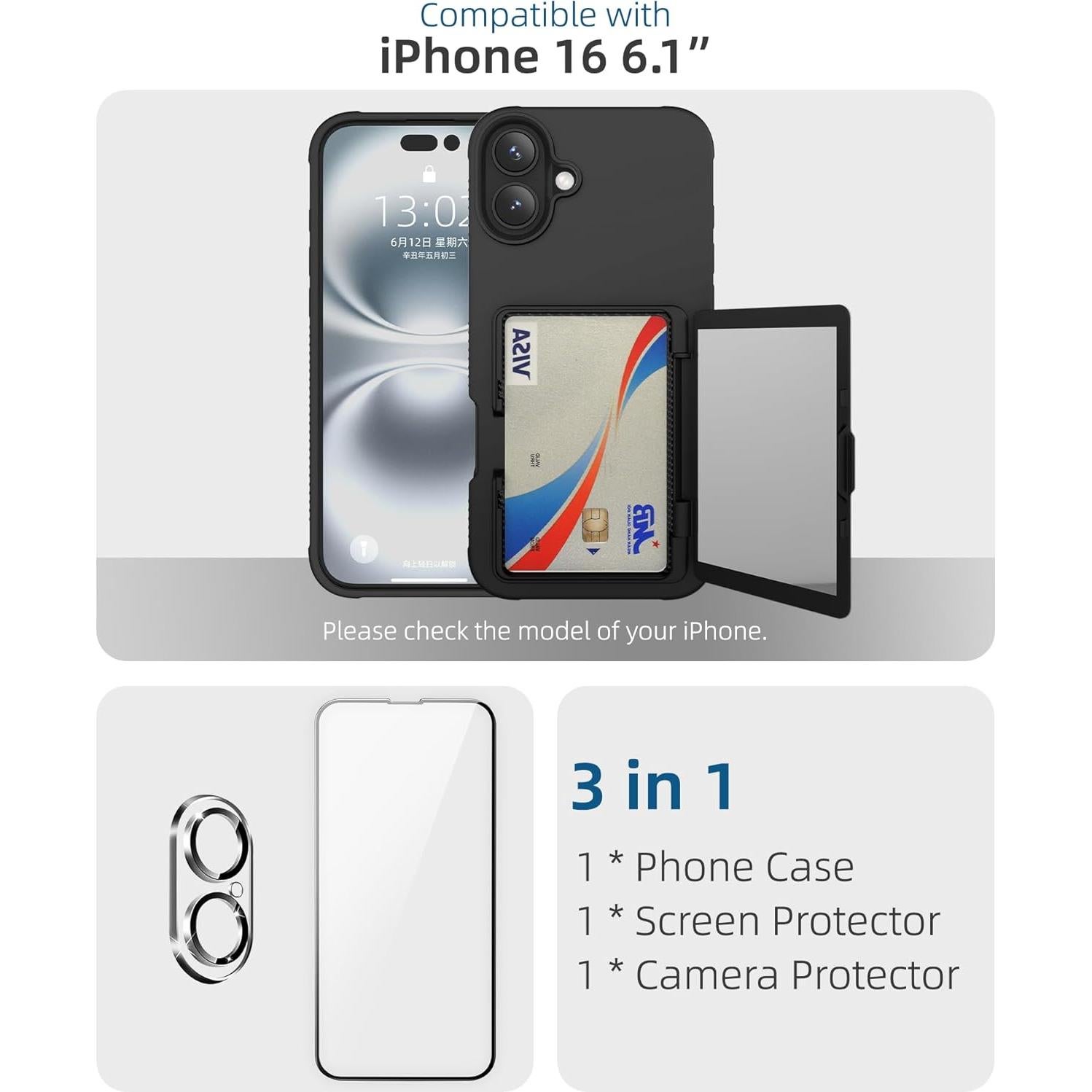 Funda para iPhone 16 6.1" BANLEA con soporte de tarjetas y espejo