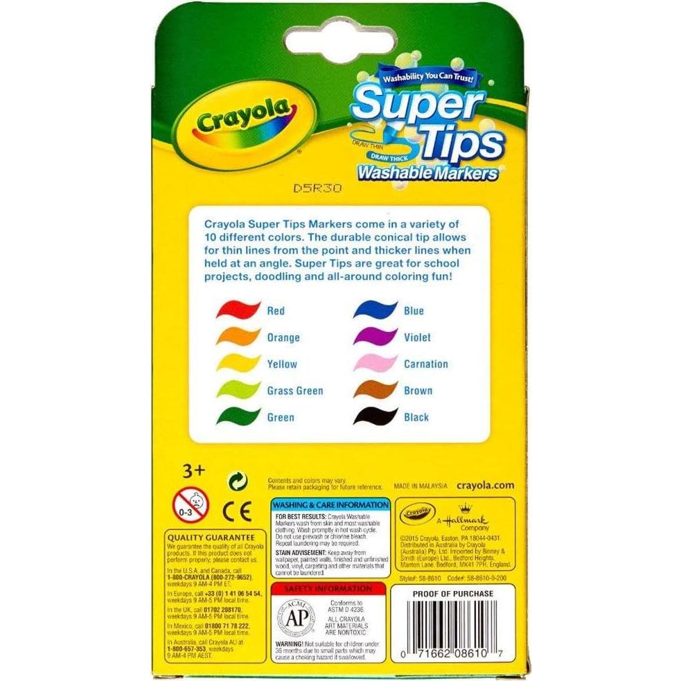 Marcadores Super Tips Lavables Crayola 10 Colores Punta Ancha/Fina