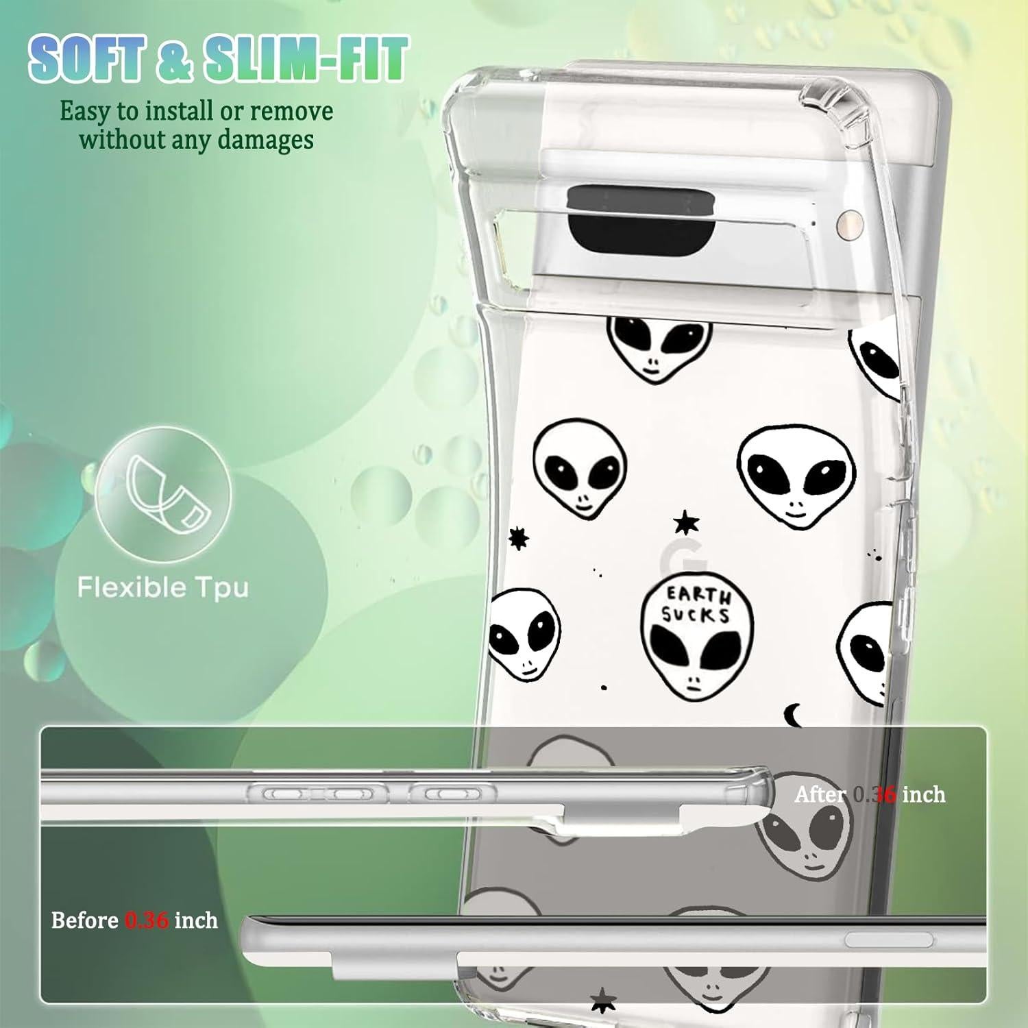 Phone Case for Google Pixel 8 Clear Case with Alien Design Soft TPU Shock Absorption Slim Embossed Pattern Protective Back Cover for Pixel 8 -Alien