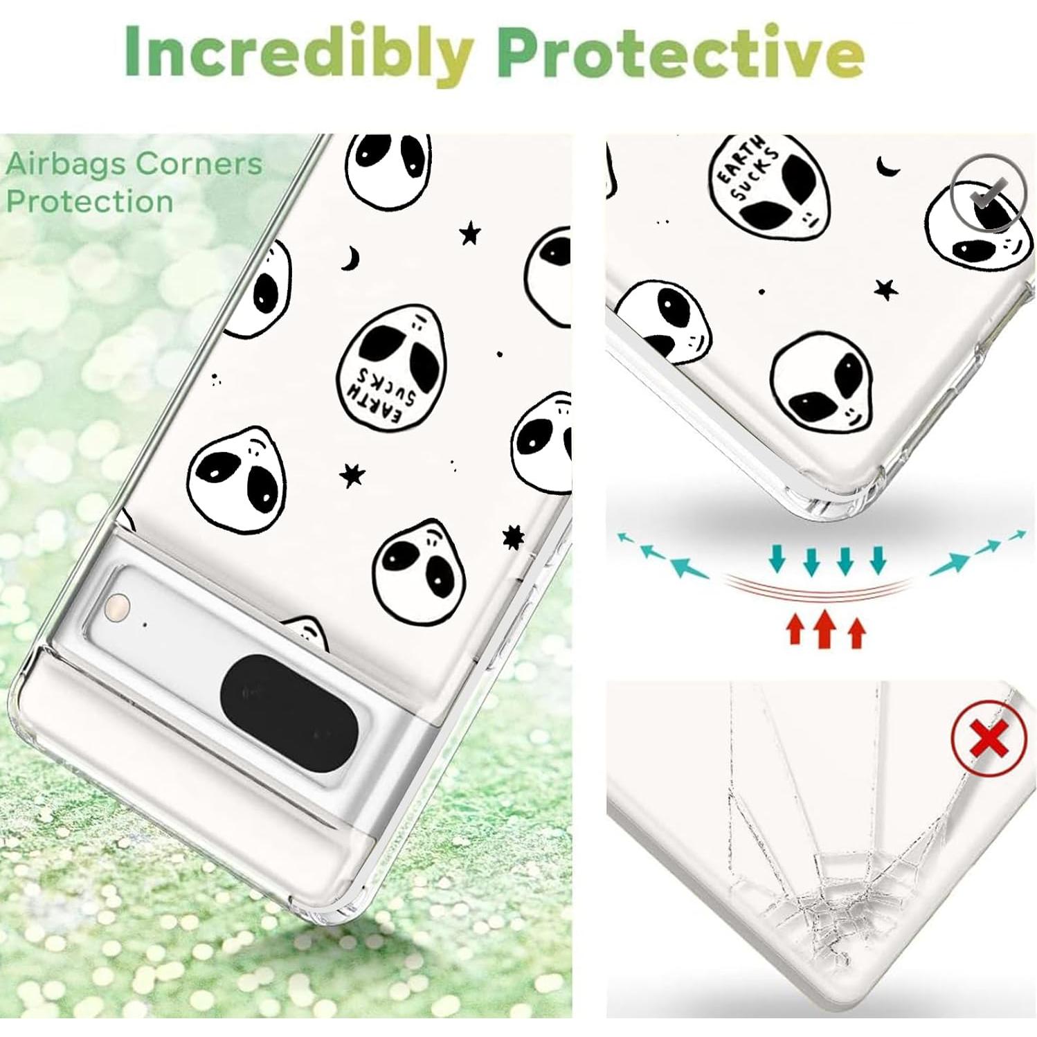 Phone Case for Google Pixel 8 Clear Case with Alien Design Soft TPU Shock Absorption Slim Embossed Pattern Protective Back Cover for Pixel 8 -Alien