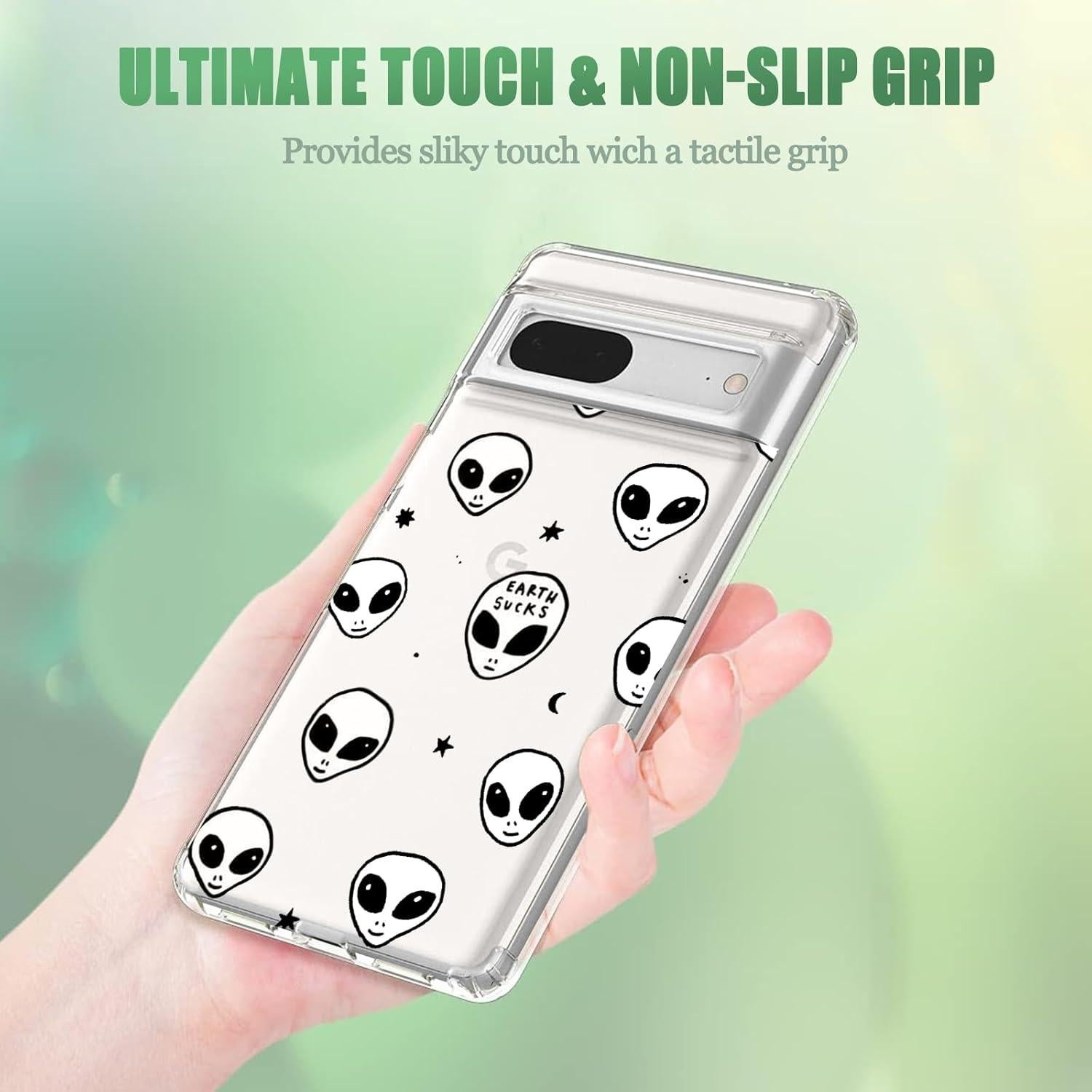 Phone Case for Google Pixel 8 Clear Case with Alien Design Soft TPU Shock Absorption Slim Embossed Pattern Protective Back Cover for Pixel 8 -Alien