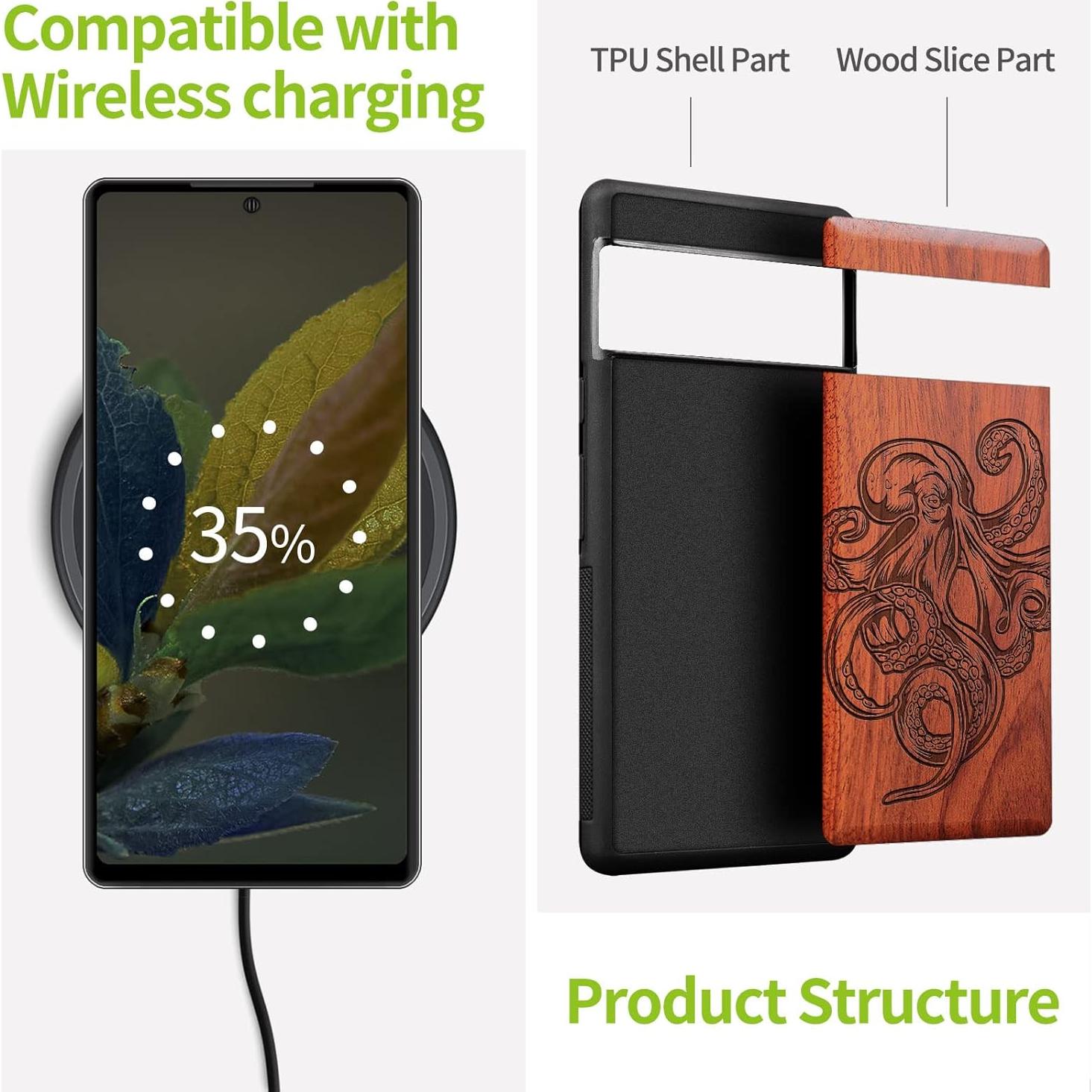 Funda de Madera Carveit para Google Pixel 8 - Pulpo-Rosy