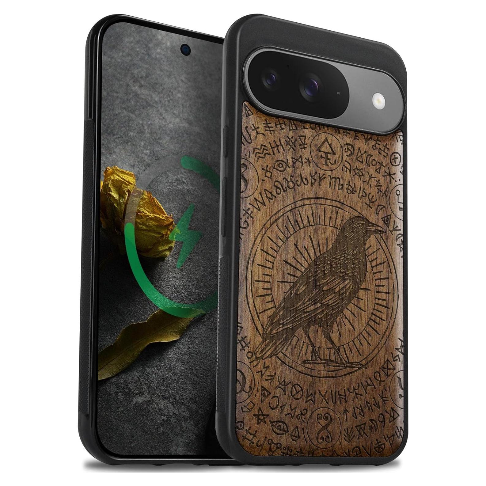 Funda de Madera Magnética Carveit para Google Pixel 9 - Cuervo Haloado
