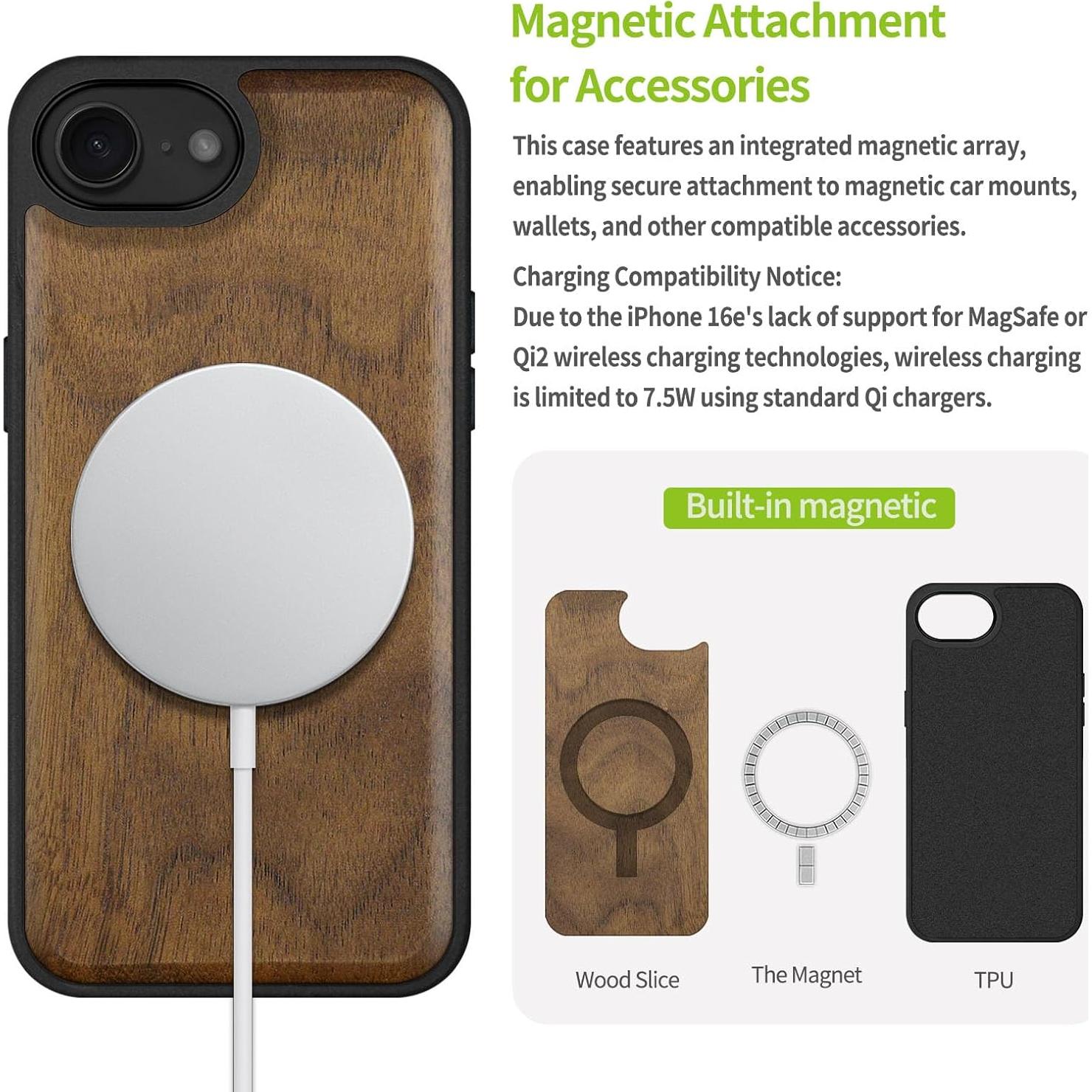 Funda de Madera Magnética Carveit para iPhone 16e, TPU Negro