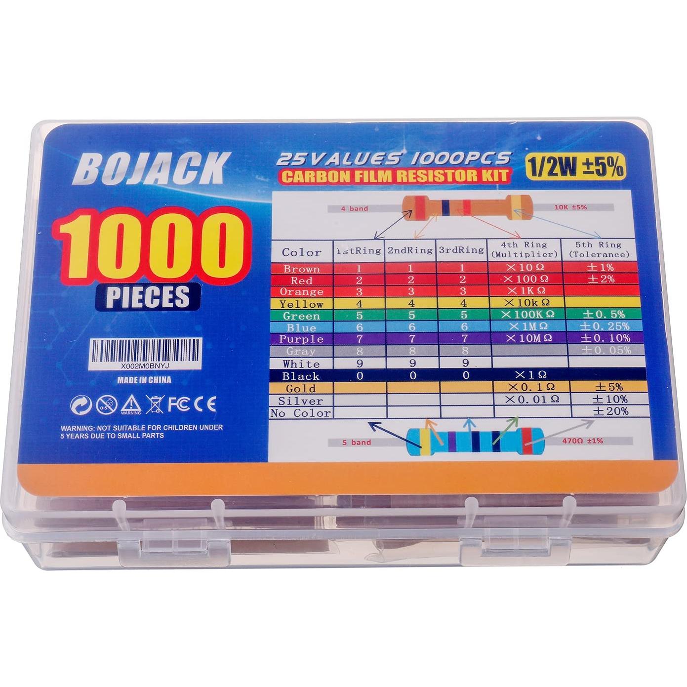 Kit de Resistencias BOJACK 1000 Pcs 25 Valores 1 Ohm-1M Ohm 1/2W