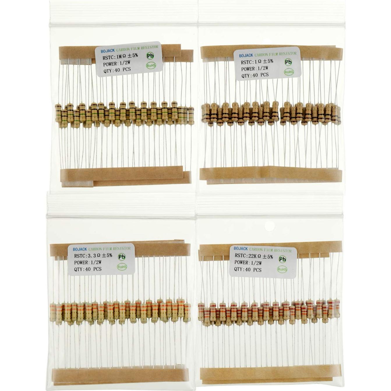 Kit de Resistencias BOJACK 1000 Pcs 25 Valores 1 Ohm-1M Ohm 1/2W