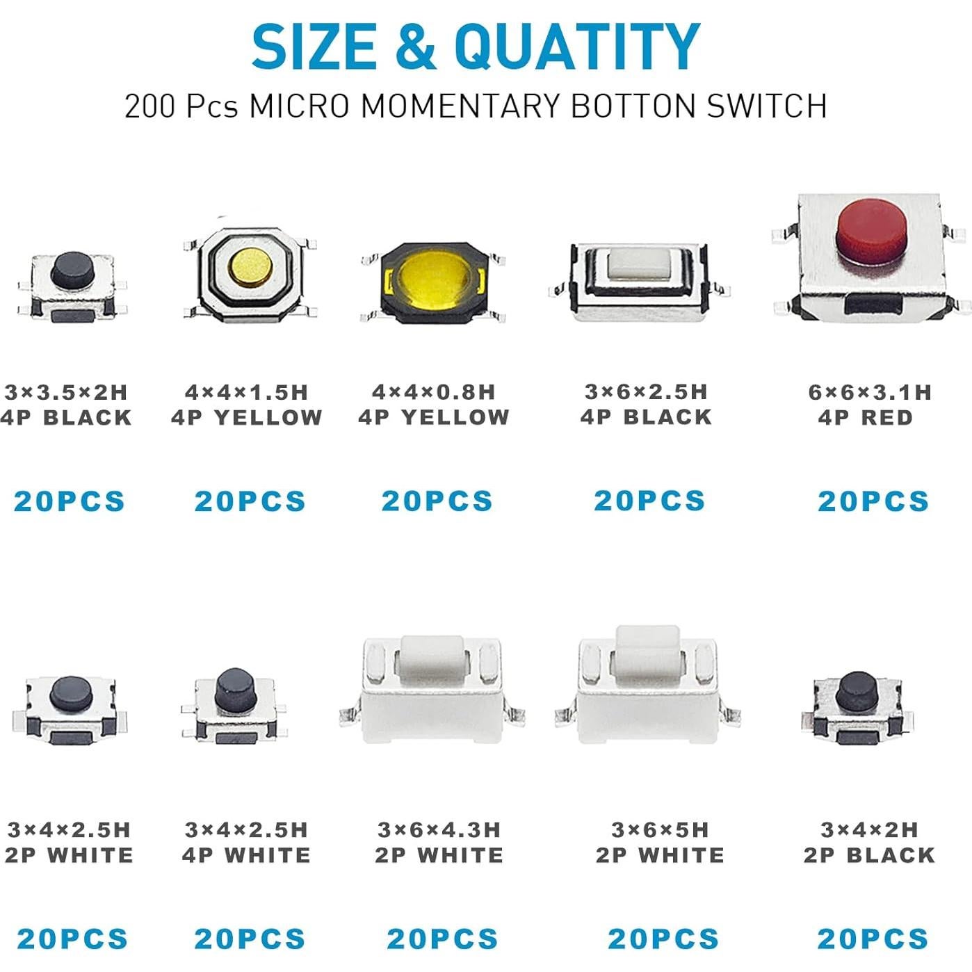 Kit de 200 Interruptores Táctiles Micro Momentáneo QTEATAK