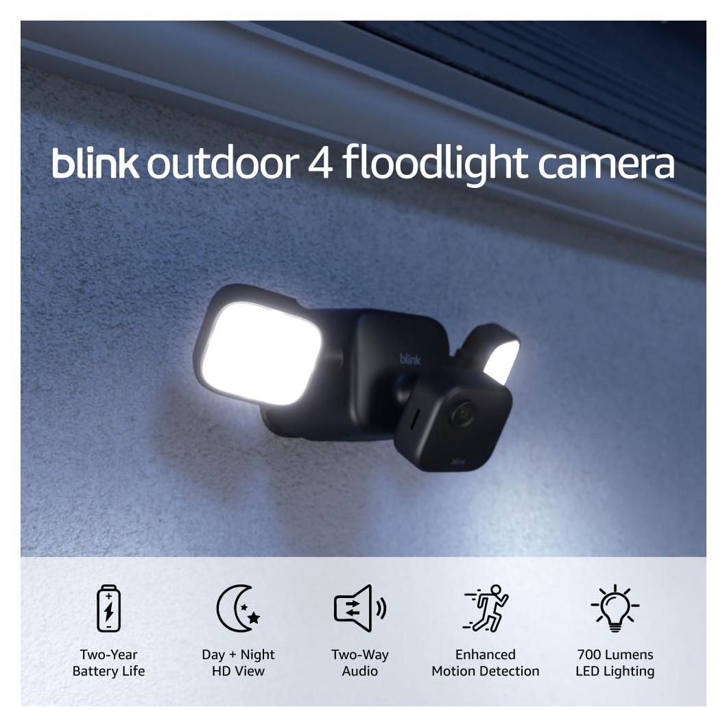Blink Outdoor 4 Floodlight Camera (newest model), Wire-free smart security camera, 700 lumens, two-year battery life, HD live view, enhanced motion detection, Works with Alexa- 1 camera system