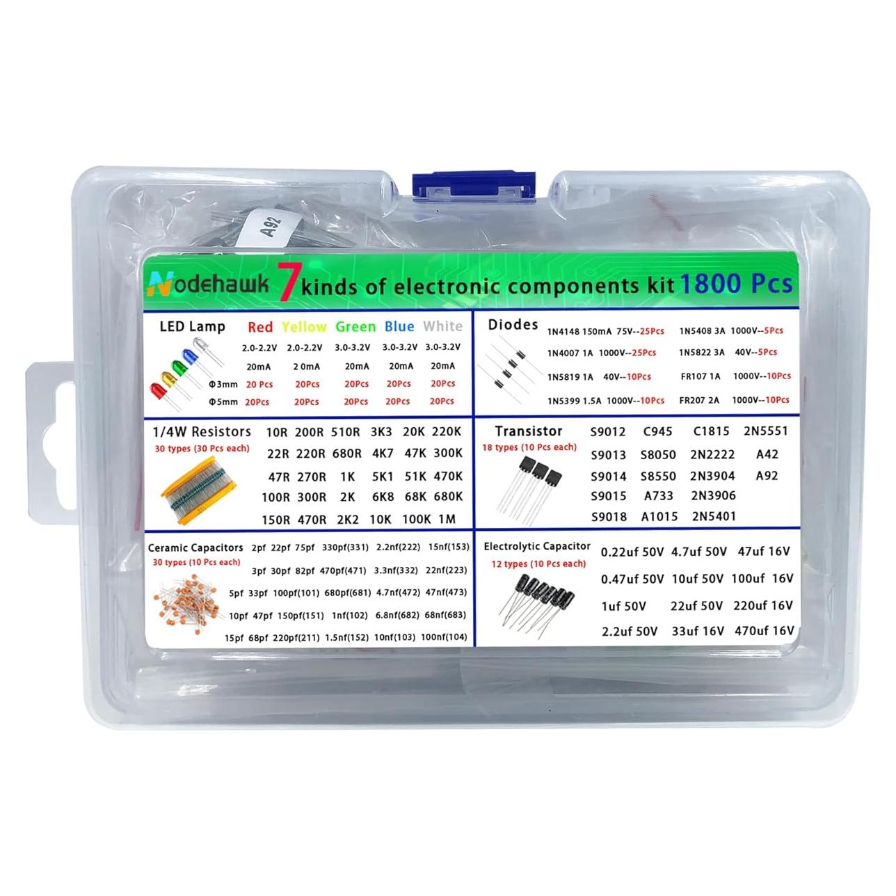 Kit de Componentes Electrónicos 1800 Pcs Nodehawk - LED, Resistencias, Capacitores, Transistores