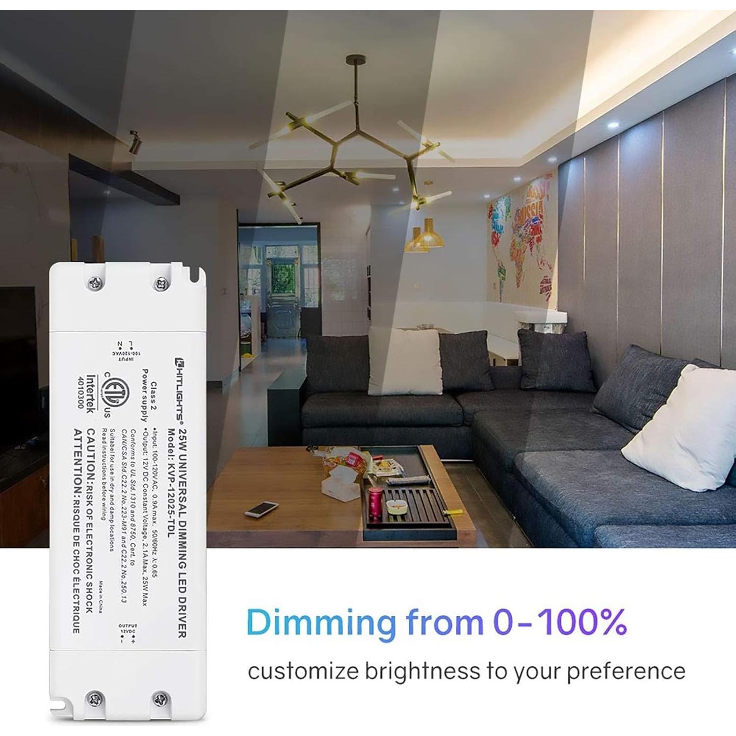 Transformador LED Dimmable HitLights 25W 12V CC, Compatible con Dimmers