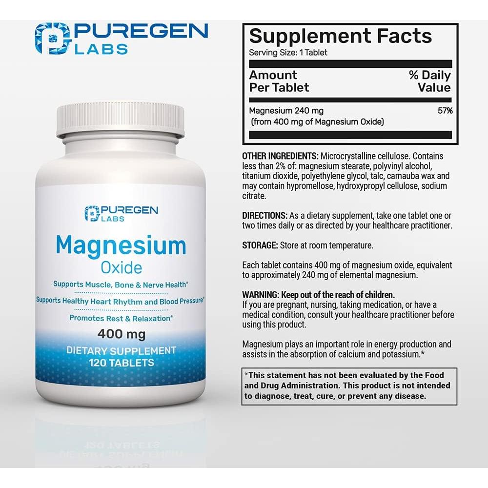 Suplemento de Magnesio 400mg P Puregen Labs 120 Tabletas