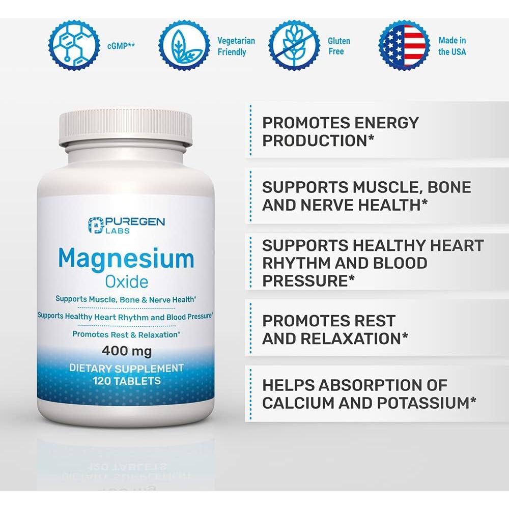 Suplemento de Magnesio 400mg P Puregen Labs 120 Tabletas