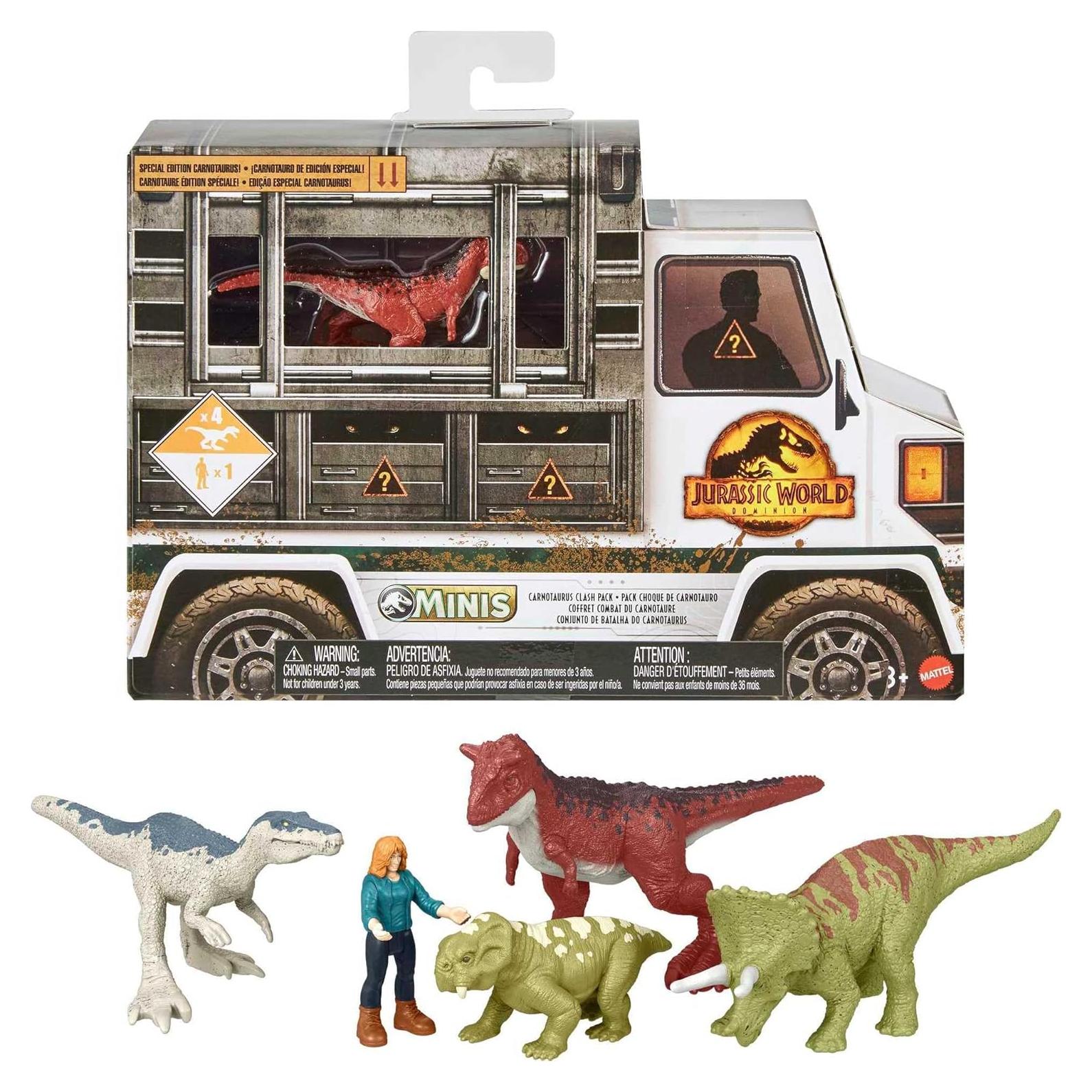 Paquete de 5 Mini Figuras Jurassic World Mattel - Choque de Carnotaurus