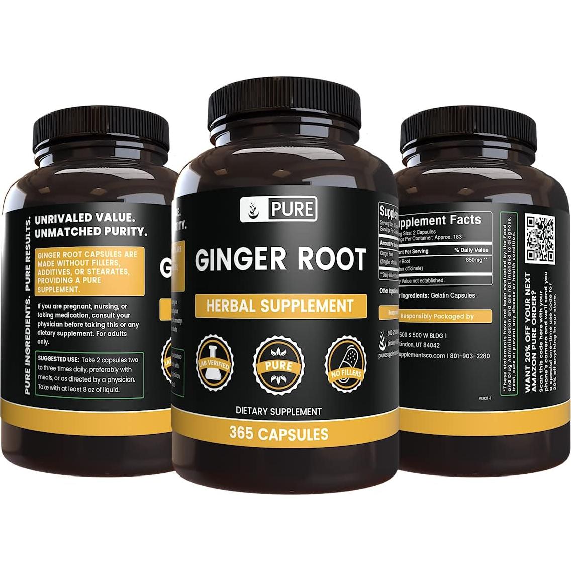 Cápsulas de Raíz de Jengibre Puras Ingredientes Originales 365 Unidades